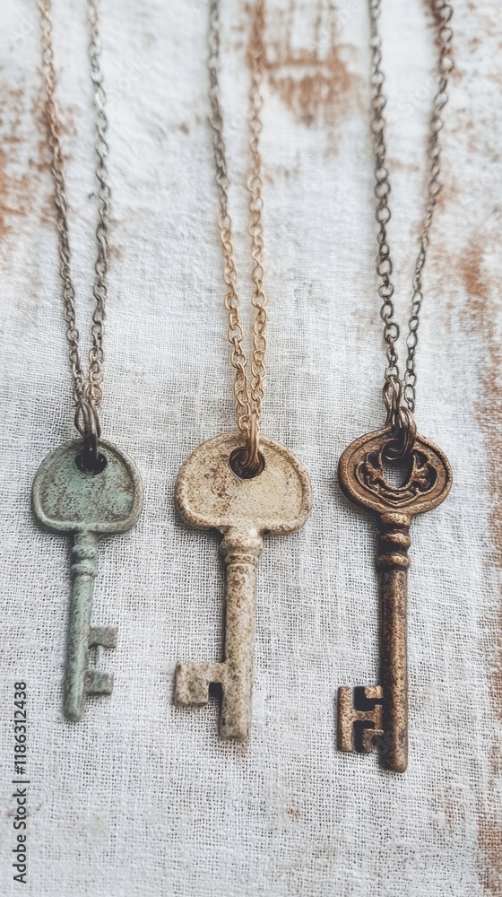 Poster three vintage keys hang from delicate chains, creating an elegant display that highlights their rust