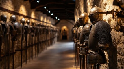 Fototapeta premium Museum Advocacy Days Ancient armory display: row of medieval knight armor in dimly lit stone hallway