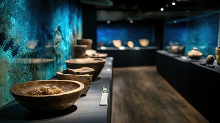 Museum Advocacy Days Ancient pottery display in dimly lit museum exhibit room with blue background