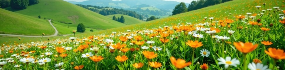 Obraz premium A sea of white and orange wildflowers carpet a rolling hillside with gentle slopes, garden, landscape, green