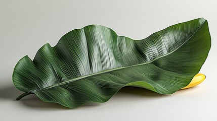 A highly detailed, hyper-realistic illustration of a fresh banana leaf paired with a ripe banana