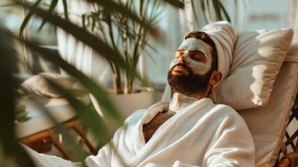 Spa treatment with mask on face, man in robe and eyes closed. Perfect for articles about relaxation and self-care.