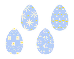 Patterned Easter Eggs in trendy sky blue. Easter greeting Decorative design elements concept Set 4