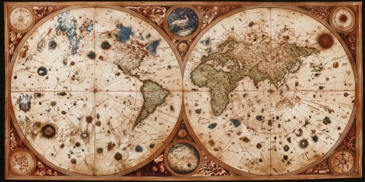 Antique world map with intricate details and celestial imagery