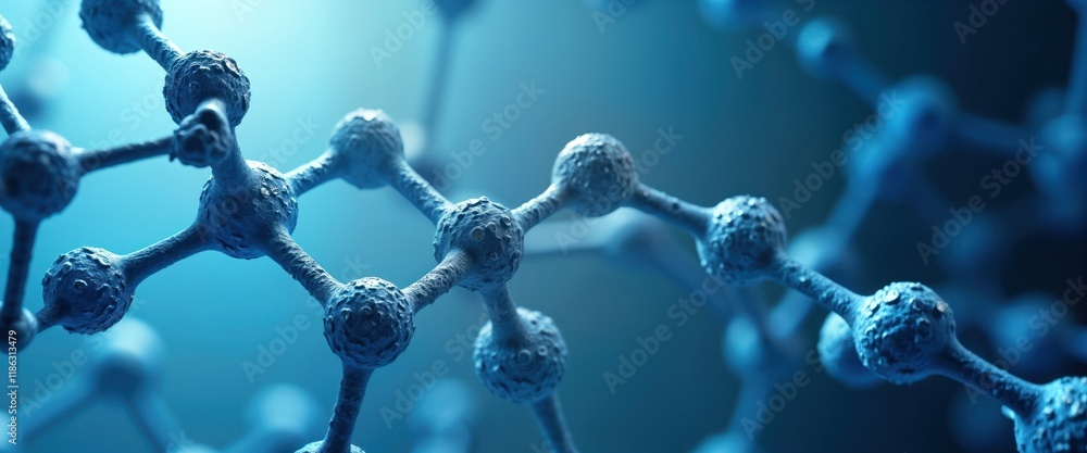 Poster close up view of complex hyaluronic acid molecules. blue spherical molecules form intricate structur