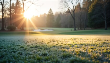 Frosty grass lawn at golf course in winter morning. Sunlight shines on frosted grass. Nature scene shows beauty of winter landscape. Cool weather with hoar frost covers grass. Fresh morning at