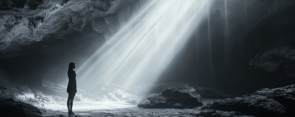 Obraz premium Exploring the enchanting beauty of an underground cave with a woman standing in black and white