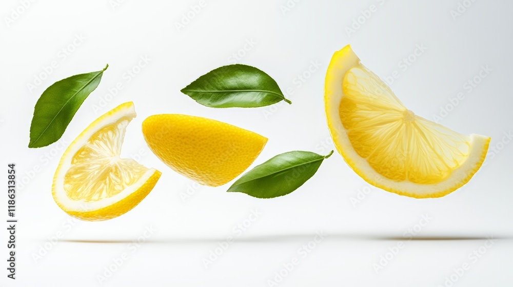 Poster levitating lemon slices accompanied by fresh green leaves create a vibrant and refreshing scene agai