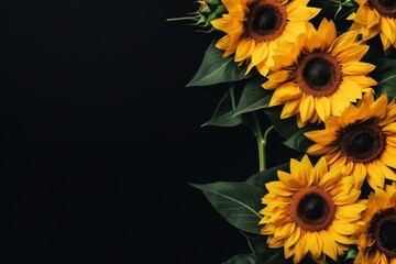 Vibrant sunflowers on black background with green leaves © Evon J