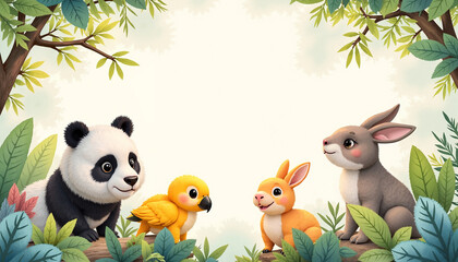Naklejka premium Cute panda, rabbit, bird, and squirrel playing together in a colorful forest with empty space