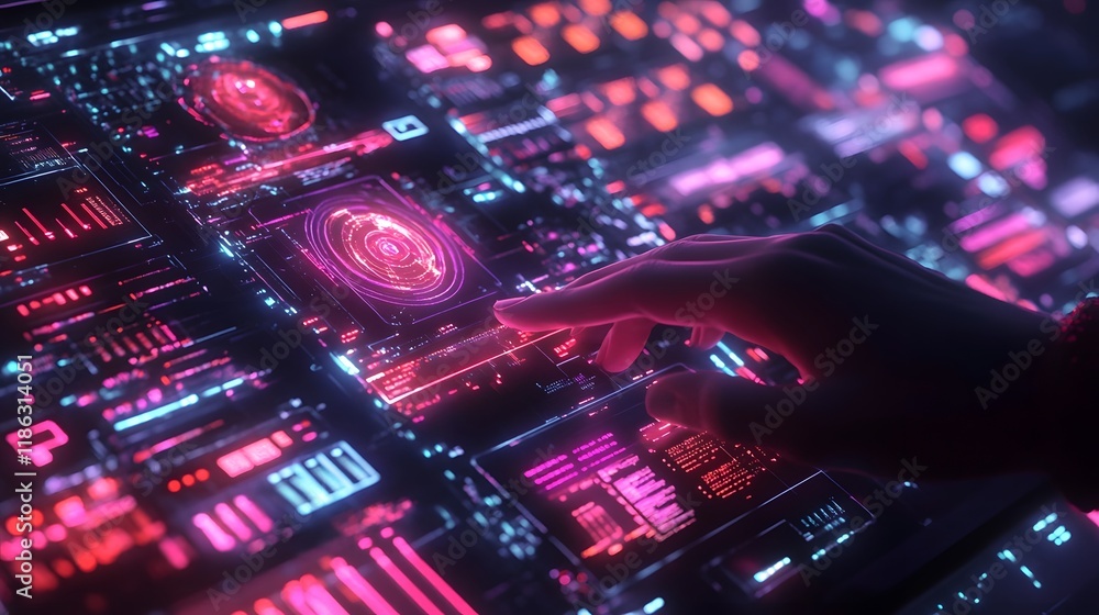 Poster advanced virtual interaction concept with radiant holograms and intricate neon lit interfaces