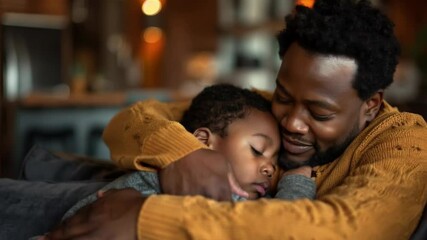 Father gently cuddles sleeping baby at home. Perfect for family blogs, baby product ads and parenting articles.
