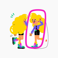 Woman admiring herself in mirror symbolizing self reflection, confidence, and self-esteem, flat vector illustration isolated on white background.