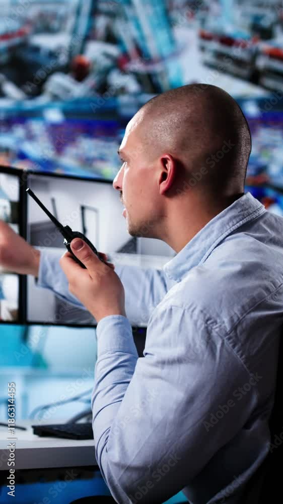 Poster security system cctv monitor room. man using walkie talkie