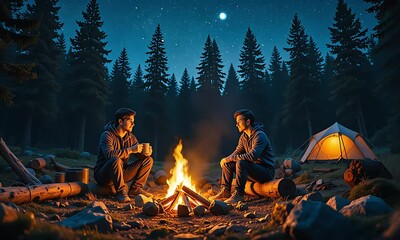 Night Camping Adventure Two Friends Sharing Stories by Bonfire Under Starlit Sky