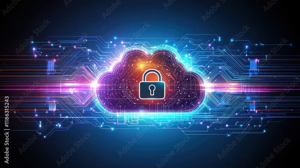 Poster a digital cloud icon with a padlock symbolizes data security and encryption, surrounded by vibrant, 
