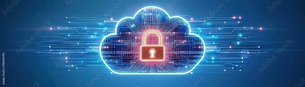 Poster a digital cloud symbol featuring a padlock, representing cybersecurity and data protection with glow