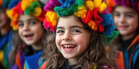 Fototapeta premium Group of young caucasian girls smiling in colorful rainbow costumes at a festive event