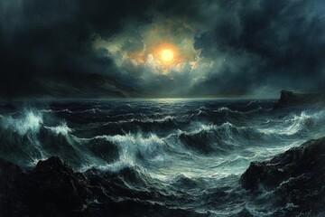 Obraz premium Dark stormy sea, moonlit waves crashing on rocks.