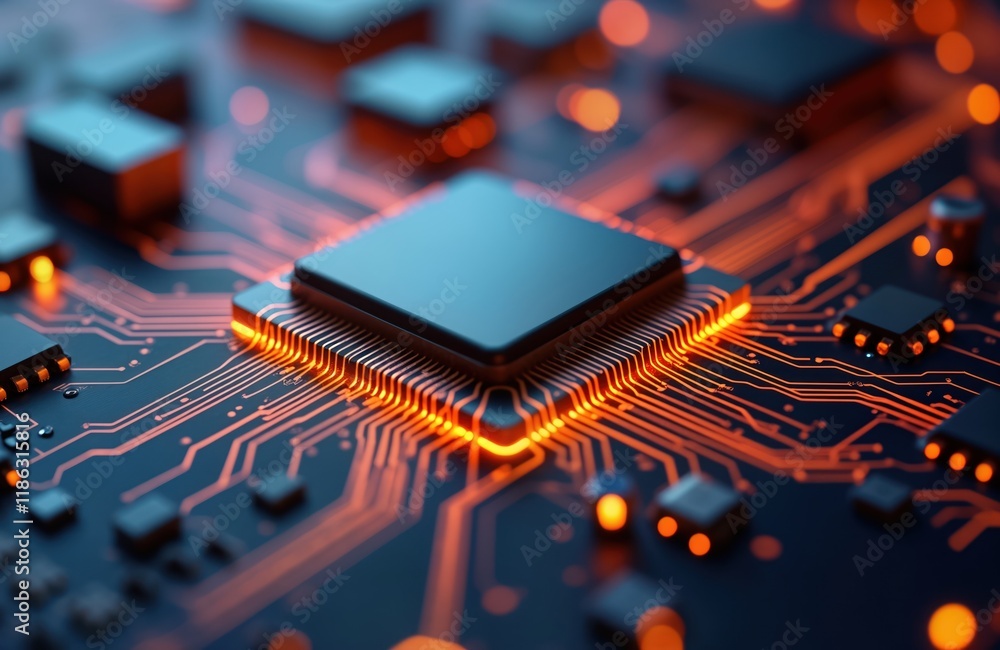 Aufkleber advanced tech circuit board glows with orange energy. complex computer chip, microchips illuminated 