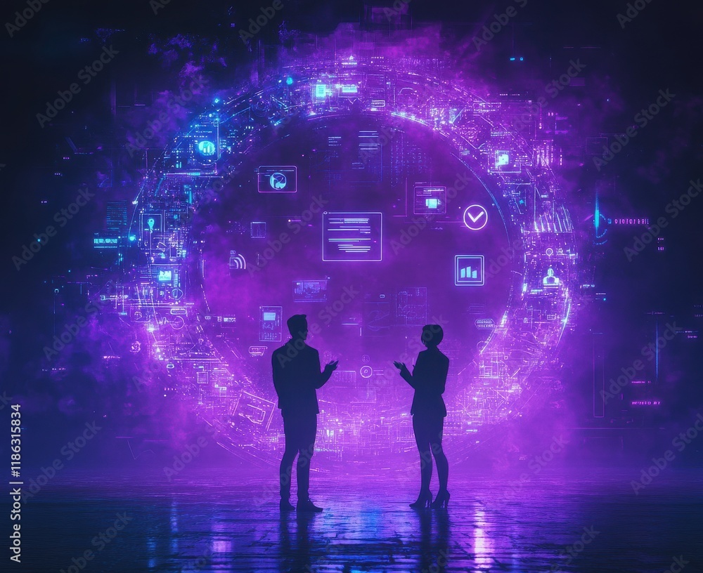 Aufkleber silhouetted figures with a futuristic abstract digital interface background