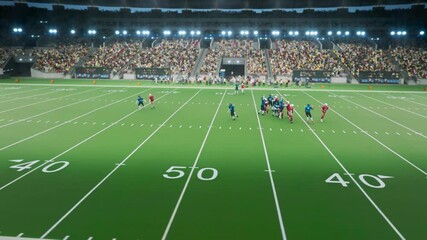 Aerial Footage with American Football Players Facing Each Other On the Field. Athlete Making a Pass that is Caught By an Opponent, Runner Begins to Advance and Scores to the Excitement of Supporters