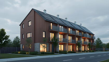 Modern eco-friendly multifamily homes with photovoltaic cells.AI generativ, Diffused lighting, with white tones