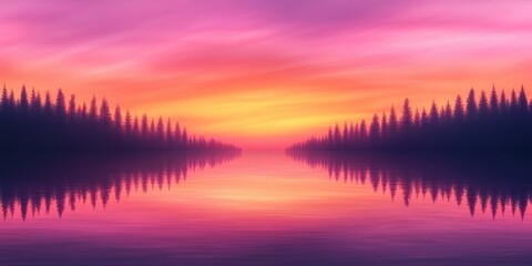 Calm sunset over serene lake with vibrant sky and silhouette of pine trees