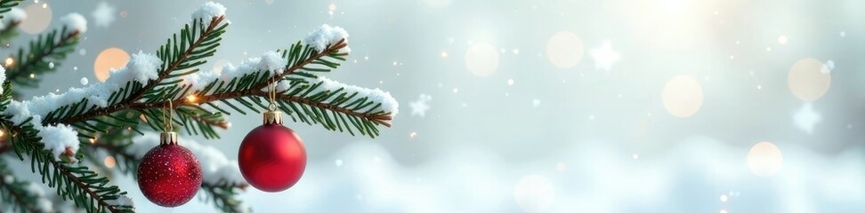 Delicate branch with ornaments on snowy white background, evergreen, sparkle