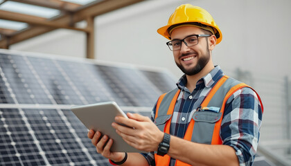 Solar Panel Technician: Engineer with tablet inspecting solar panels, renewable energy maintenance and inspection