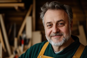 Fototapeta premium Mature caucasian male carpenter in workshop smiling confidently Laugh at Work Week