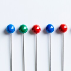 Colorful Push Pins in a Row on a White Background, Perfect for Office Organization, Craft Projects, and Visual Aids in Creative and Professional Settings