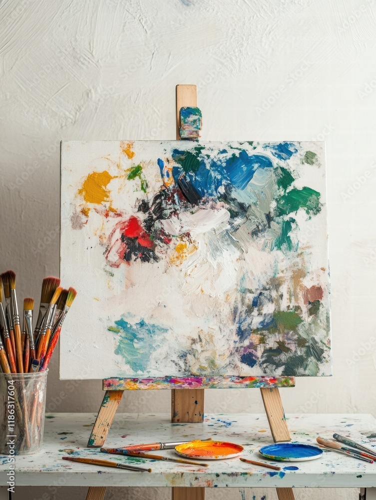Poster creative artistic workspace showcasing a vibrant palette of colors with brushes and easel ready for 