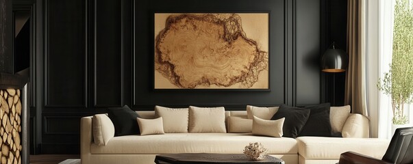 Farmhouse, country style home interior design of modern living room. Rustic style living area with beige sofa, black wall paneling, and organic wood artwork for a warm