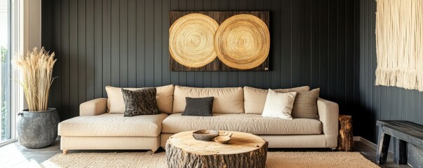 Farmhouse, country style home interior design of modern living room. Rustic style living area with beige sofa, black wall paneling, and organic wood artwork for a warm