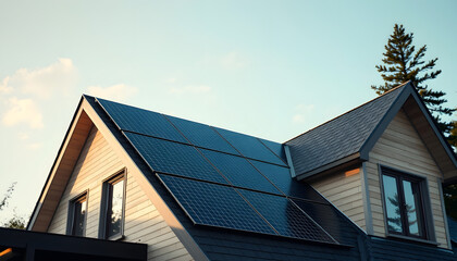 Solar panels on the gable roof of a modern house, cinematic, with white tones