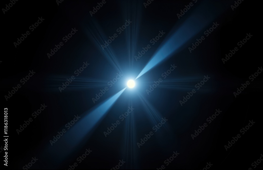 Poster abstract illustration of lens flare effect. blue light rays burst outward from central point against