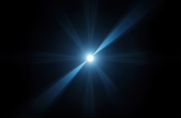 Abstract illustration of lens flare effect. Blue light rays burst outward from central point against black background. Design element shows bright glowing light radiating. Suitable for illustrations