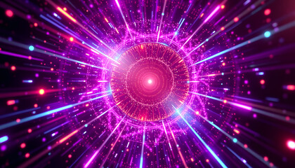 Fototapeta premium Neon Pink Tunnel: Bright pink and purple circular tunnel with glowing particles, futuristic abstract background