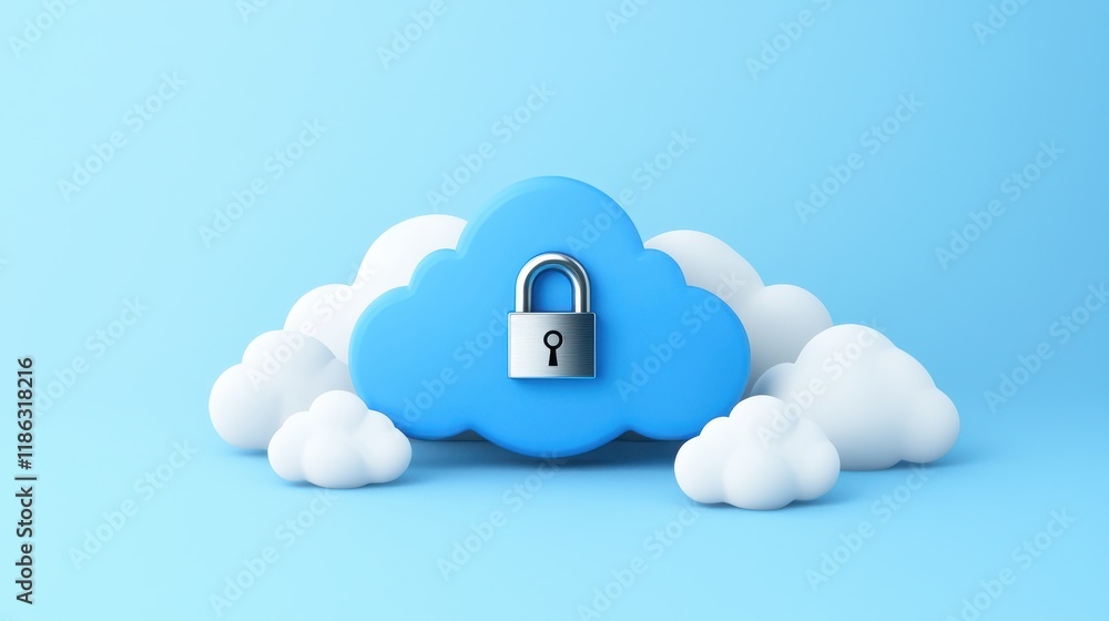 Poster a stylized cloud with a padlock symbolizes cloud security and data protection against unauthorized a