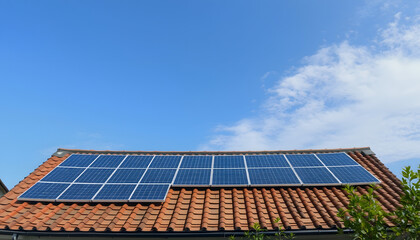 Panorama frame Solar photovoltaic panels on a house roof, asian style, with white tones