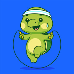 A happy turtle cartoon character skipping rope while sweating, wearing a sporty headband on a bright blue background