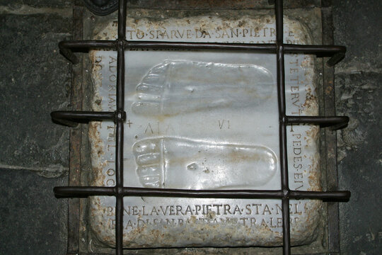 A copy of the marble stone with footprints of Jesus Christ in Church of St Mary in Palmis (Church of Domine Quo Vadis), Rome, Italy