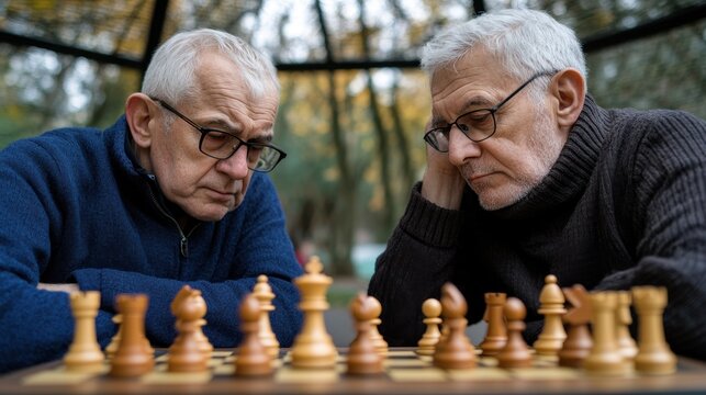 International Chess Day Elderly caucasian men engaged in chess game outdoors with focused expressions