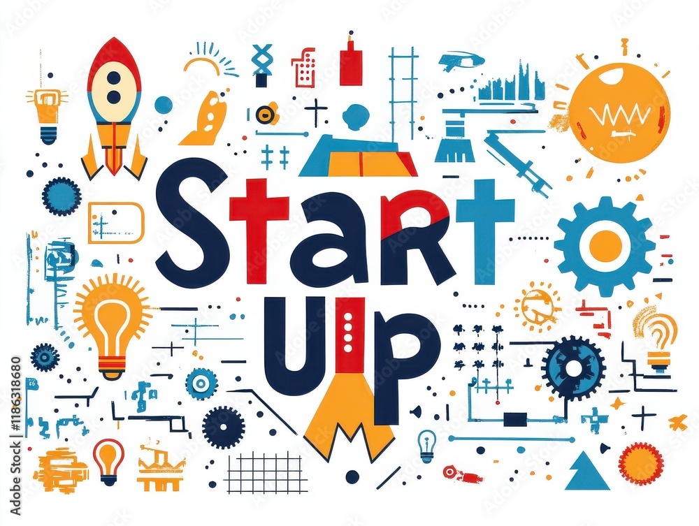 Poster colorful illustration representing a startup concept with dynamic design elements