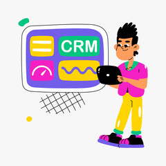 Man using CRM software on tablet in flat vector illustration symbolizing customer relationship management, business tools, and data analytics, isolated on white.