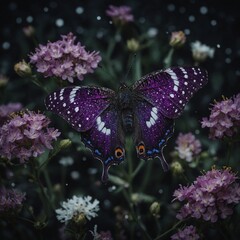 A butterfly with vivid purple wings scattered with white dots and glittery floral designs on a dark background.