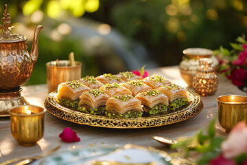Traditional turkish, arabic sweets baklava assortment with pistachio and walnut. 