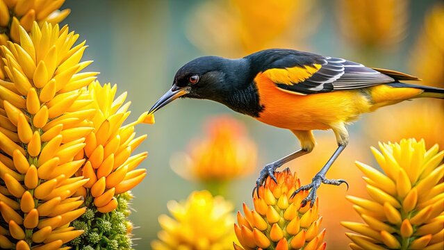 Minimalist Troupial on Yellow Aloe, Nectar Feeding Bird