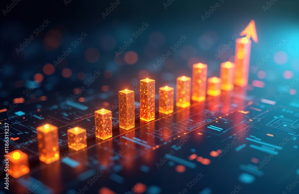 Poster colorful glowing data visualization shows increasing chart. modern tech financial analysis displayed